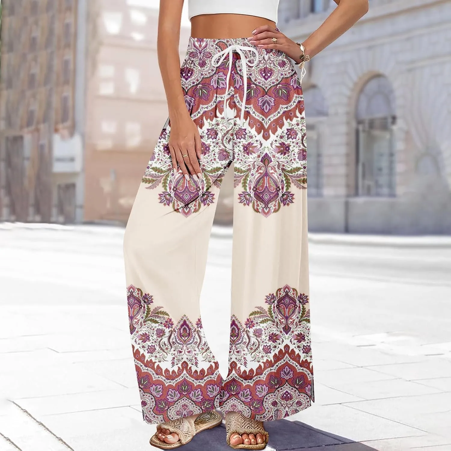 GOFULY Wide Leg Pants Woman Summer High Waisted Beach Ethnic FloralPrint Pants Pockets Drawstring Elastic Waist 2025 Clothes