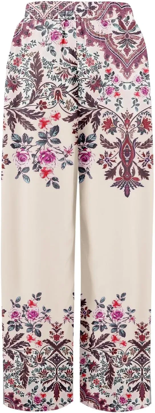 GOFULY Wide Leg Pants Woman Summer High Waisted Beach Ethnic FloralPrint Pants Pockets Drawstring Elastic Waist 2025 Clothes