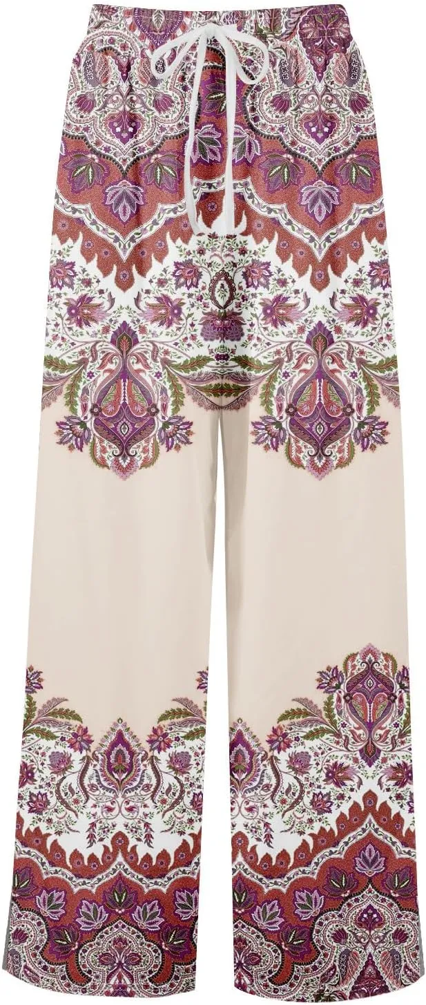 GOFULY Wide Leg Pants Woman Summer High Waisted Beach Ethnic FloralPrint Pants Pockets Drawstring Elastic Waist 2025 Clothes