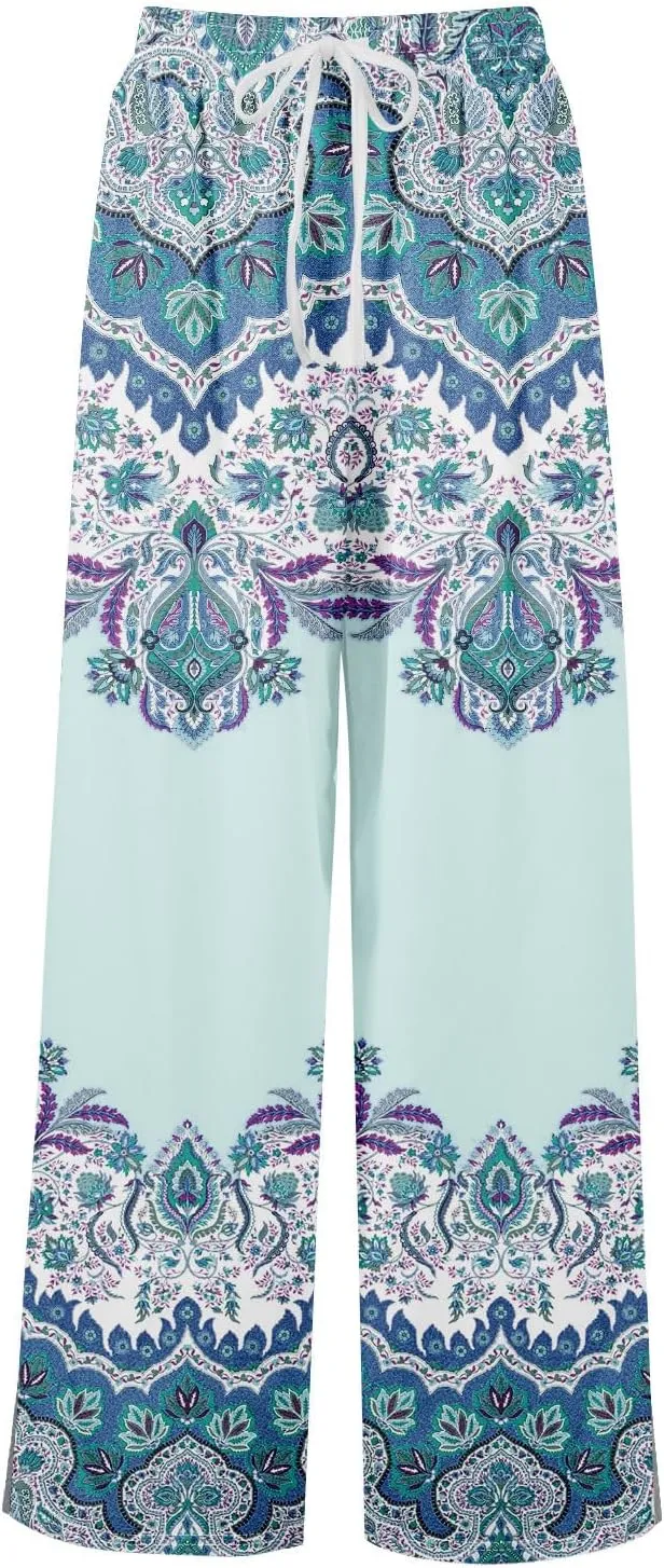 GOFULY Wide Leg Pants Woman Summer High Waisted Beach Ethnic FloralPrint Pants Pockets Drawstring Elastic Waist 2025 Clothes