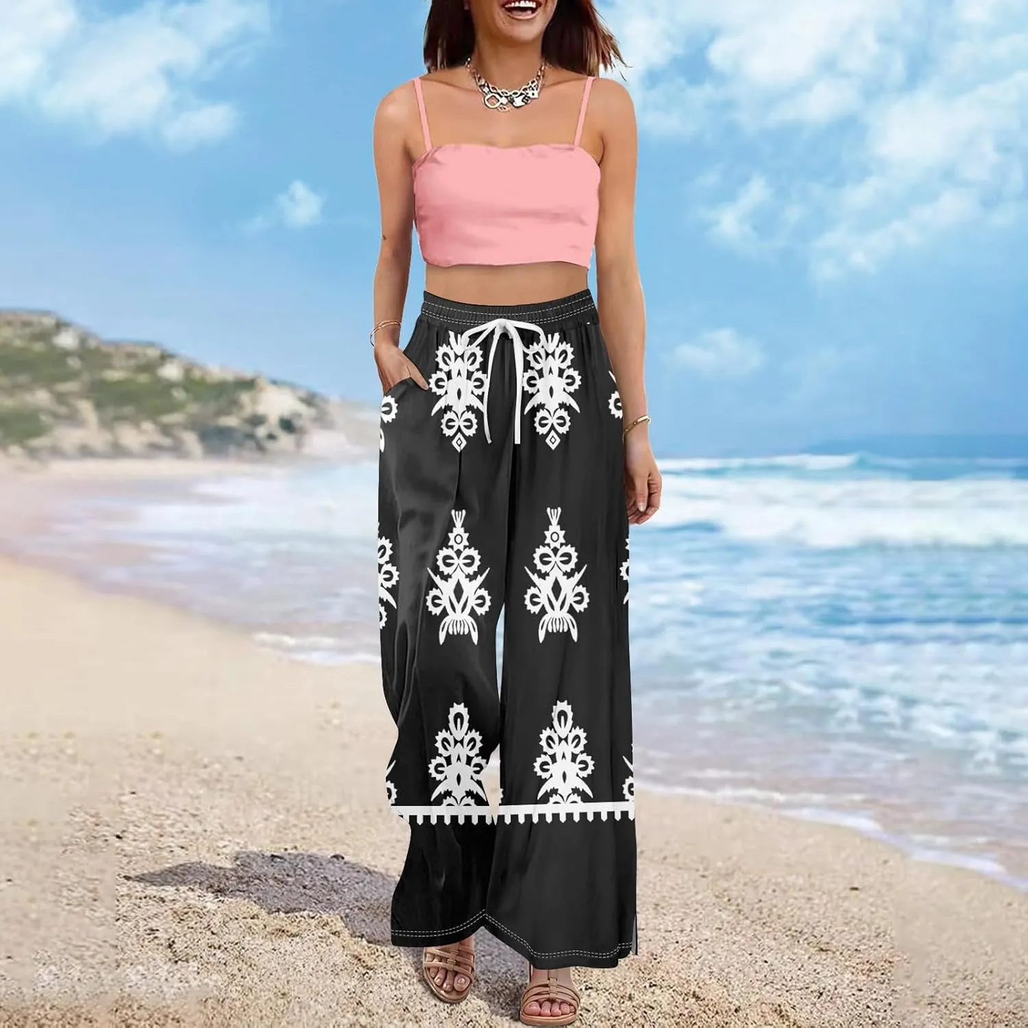 GOFULY Wide Leg Pants Woman Summer High Waisted Beach Ethnic FloralPrint Pants Pockets Drawstring Elastic Waist 2025 Clothes