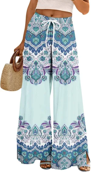 GOFULY Wide Leg Pants Woman Summer High Waisted Beach Ethnic FloralPrint Pants Pockets Drawstring Elastic Waist 2025 Clothes