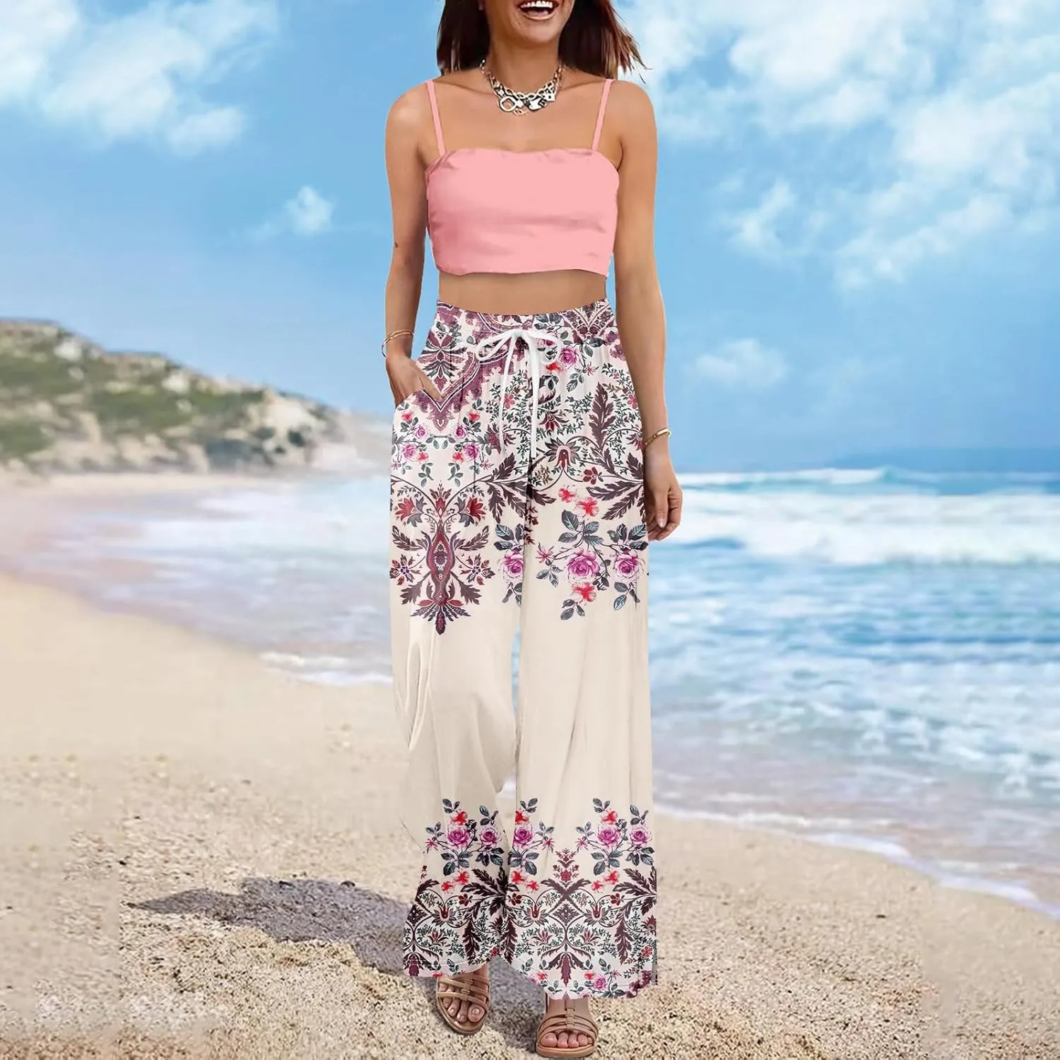 GOFULY Wide Leg Pants Woman Summer High Waisted Beach Ethnic FloralPrint Pants Pockets Drawstring Elastic Waist 2025 Clothes