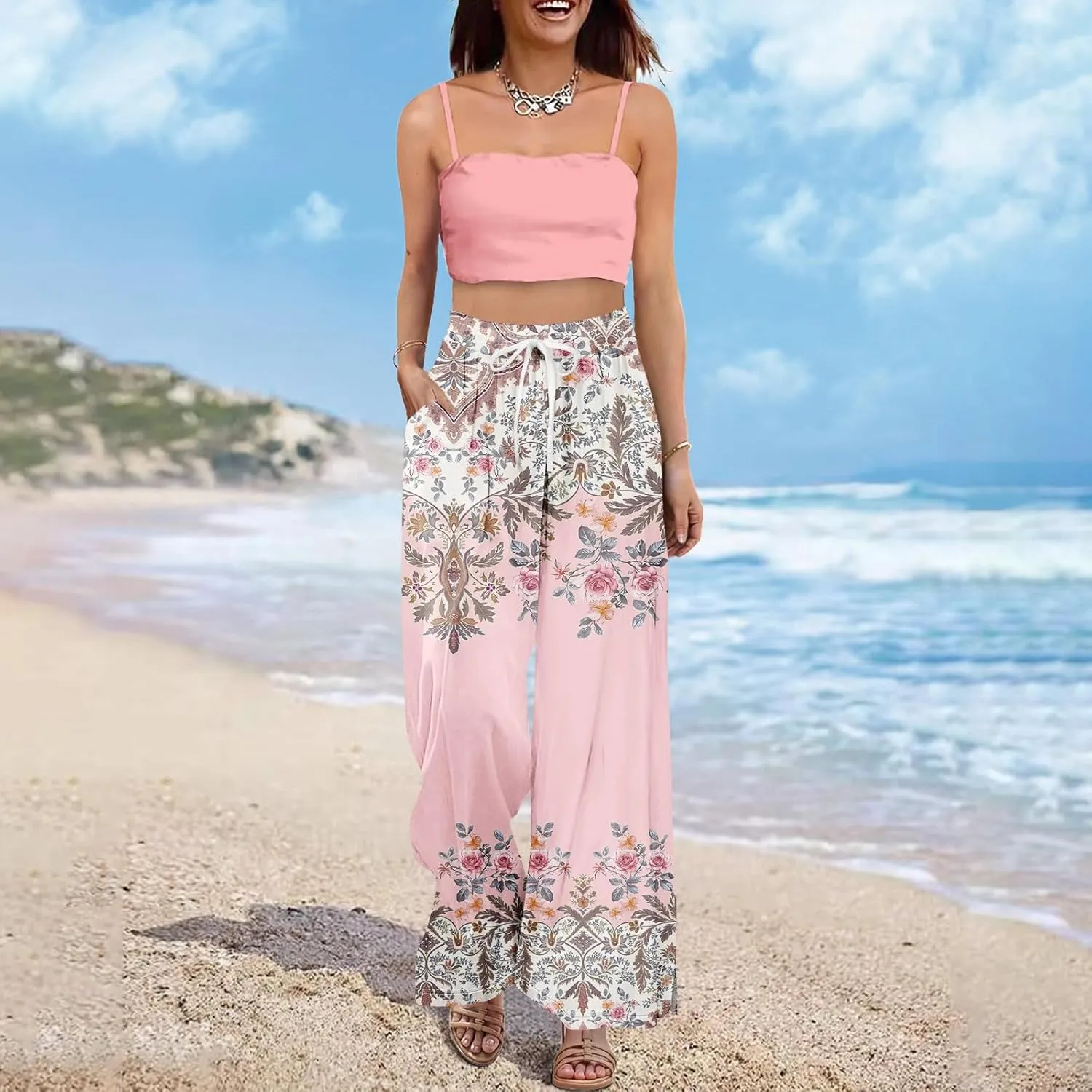 GOFULY Wide Leg Pants Woman Summer High Waisted Beach Ethnic FloralPrint Pants Pockets Drawstring Elastic Waist 2025 Clothes