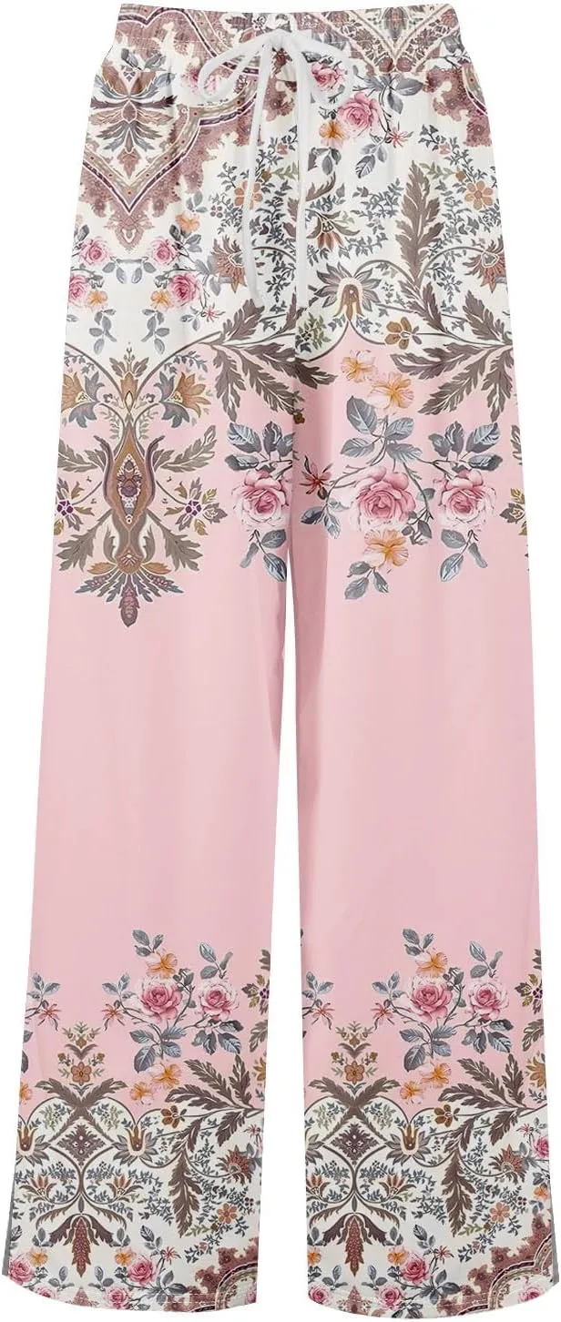 GOFULY Wide Leg Pants Woman Summer High Waisted Beach Ethnic FloralPrint Pants Pockets Drawstring Elastic Waist 2025 Clothes