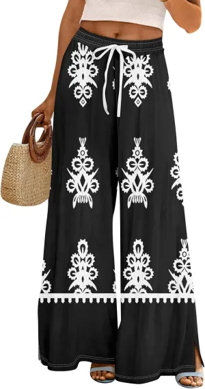GOFULY Wide Leg Pants Woman Summer High Waisted Beach Ethnic FloralPrint Pants Pockets Drawstring Elastic Waist 2025 Clothes