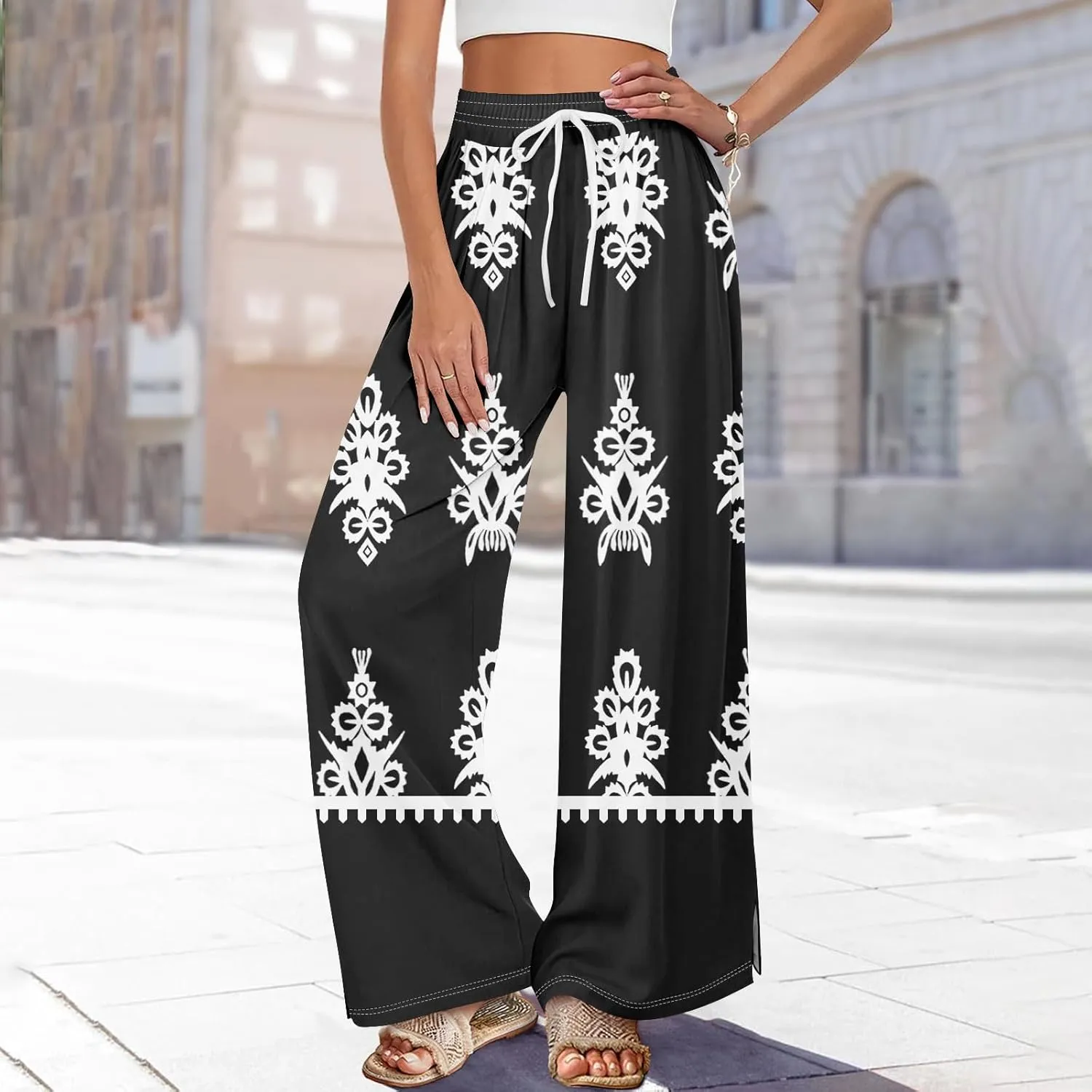 GOFULY Wide Leg Pants Woman Summer High Waisted Beach Ethnic FloralPrint Pants Pockets Drawstring Elastic Waist 2025 Clothes
