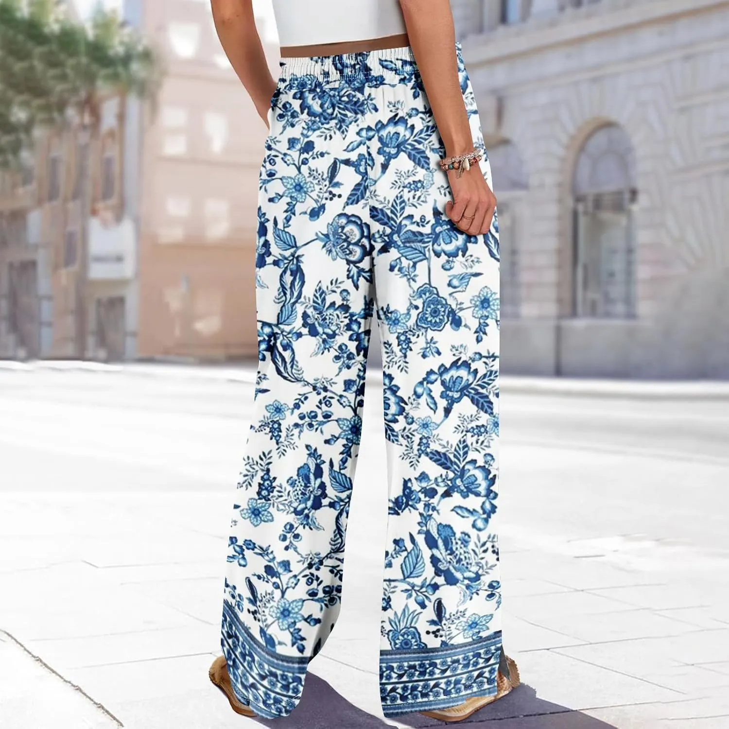 GOFULY Wide Leg Pants Woman Summer High Waisted Beach Ethnic FloralPrint Pants Pockets Drawstring Elastic Waist 2025 Clothes