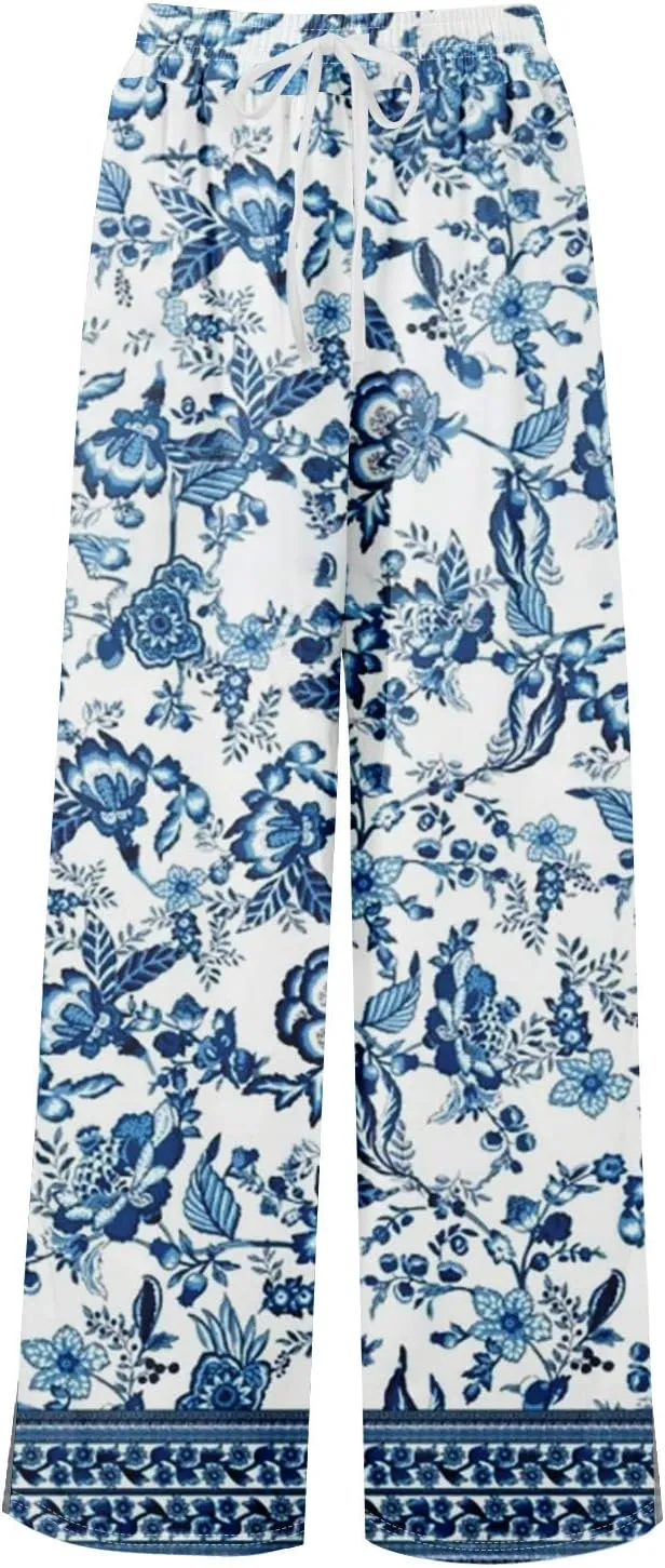 GOFULY Wide Leg Pants Woman Summer High Waisted Beach Ethnic FloralPrint Pants Pockets Drawstring Elastic Waist 2025 Clothes