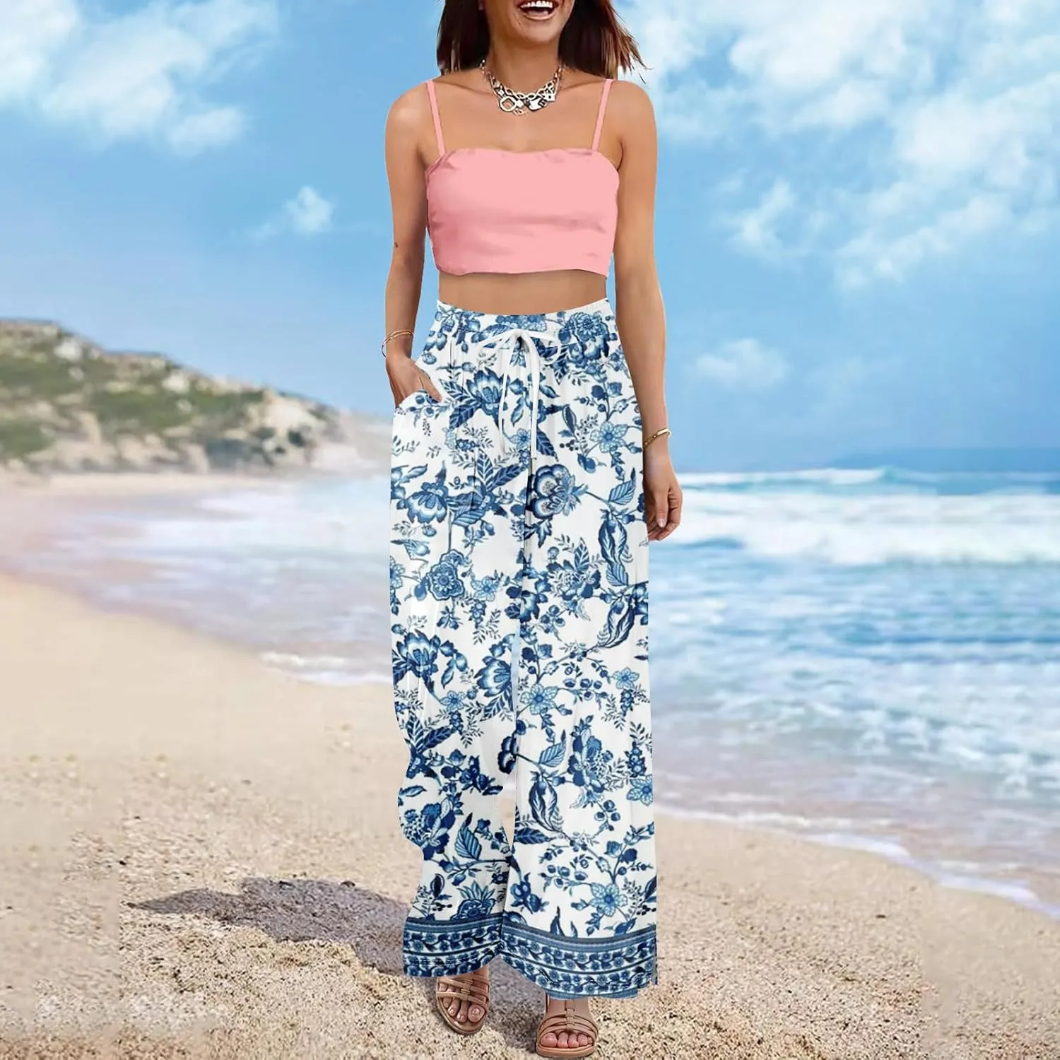 GOFULY Wide Leg Pants Woman Summer High Waisted Beach Ethnic FloralPrint Pants Pockets Drawstring Elastic Waist 2025 Clothes