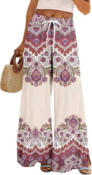 GOFULY Wide Leg Pants Woman Summer High Waisted Beach Ethnic FloralPrint Pants Pockets Drawstring Elastic Waist 2025 Clothes