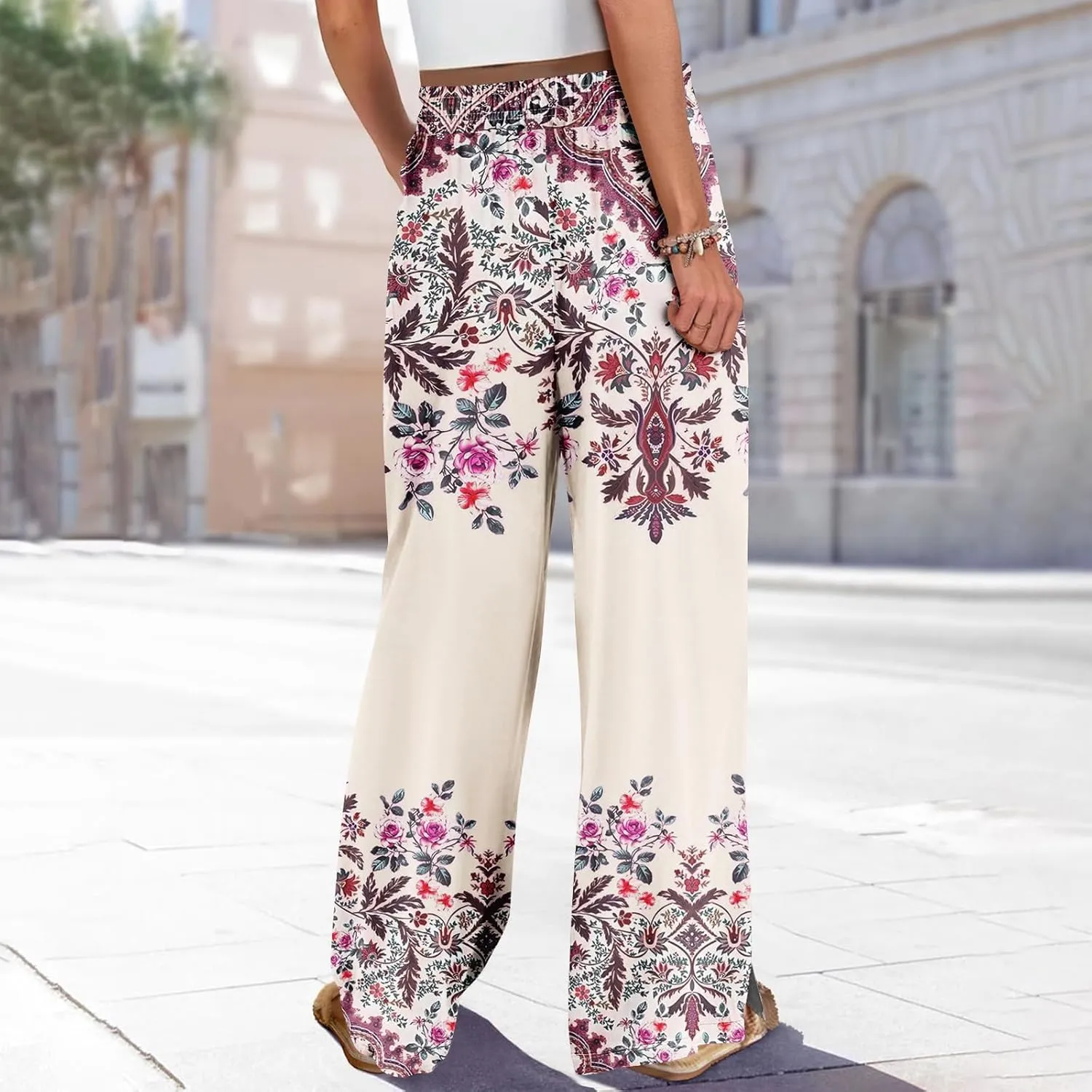 GOFULY Wide Leg Pants Woman Summer High Waisted Beach Ethnic FloralPrint Pants Pockets Drawstring Elastic Waist 2025 Clothes