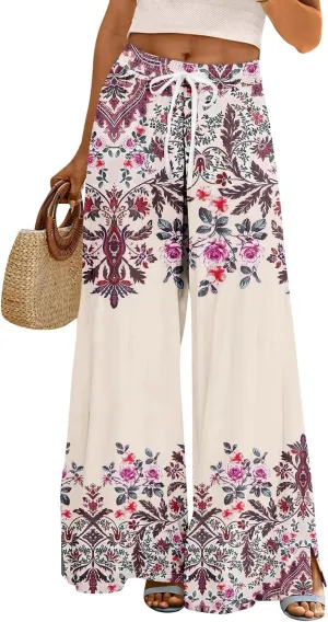 GOFULY Wide Leg Pants Woman Summer High Waisted Beach Ethnic FloralPrint Pants Pockets Drawstring Elastic Waist 2025 Clothes