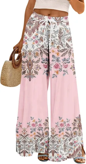 GOFULY Wide Leg Pants Woman Summer High Waisted Beach Ethnic FloralPrint Pants Pockets Drawstring Elastic Waist 2025 Clothes