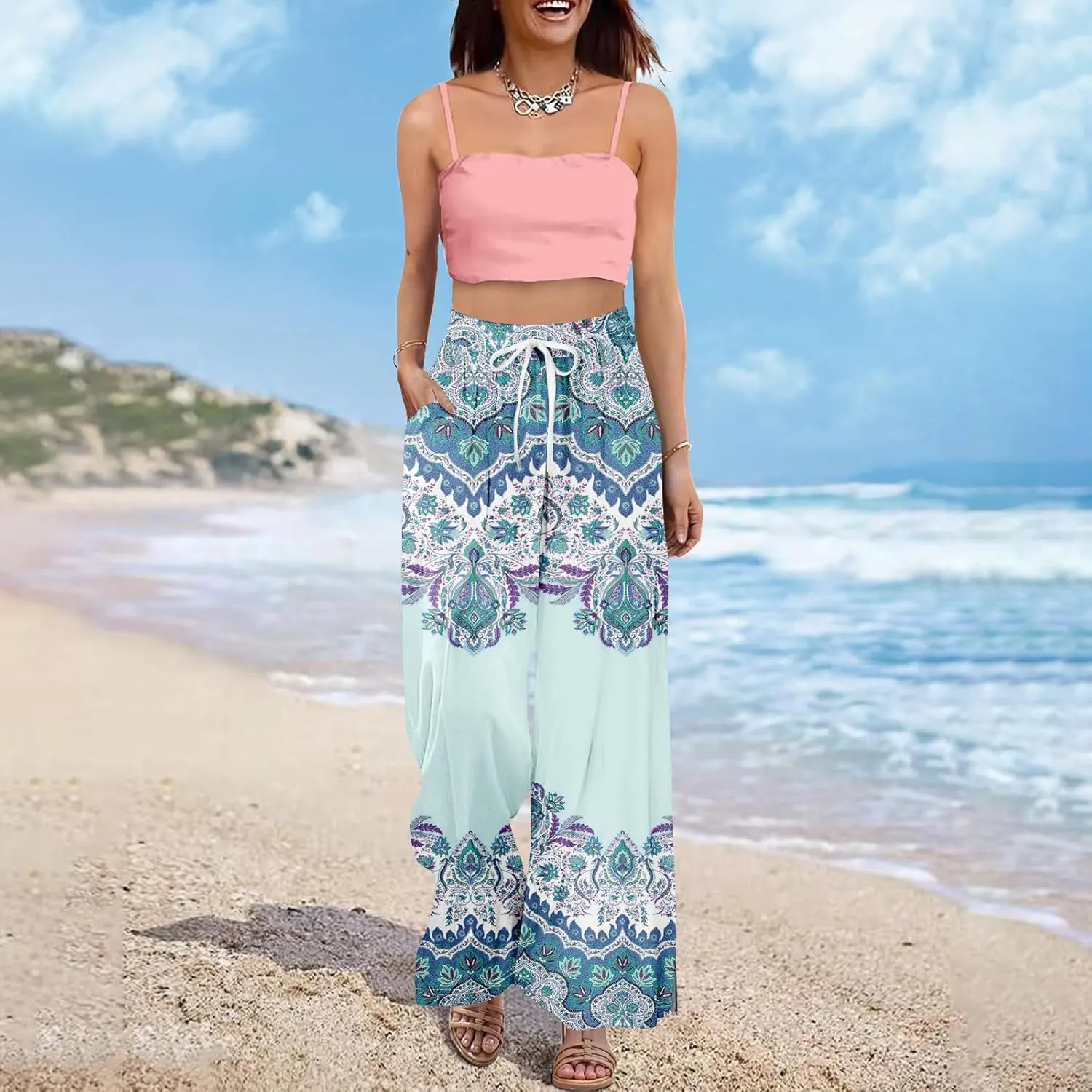 GOFULY Wide Leg Pants Woman Summer High Waisted Beach Ethnic FloralPrint Pants Pockets Drawstring Elastic Waist 2025 Clothes