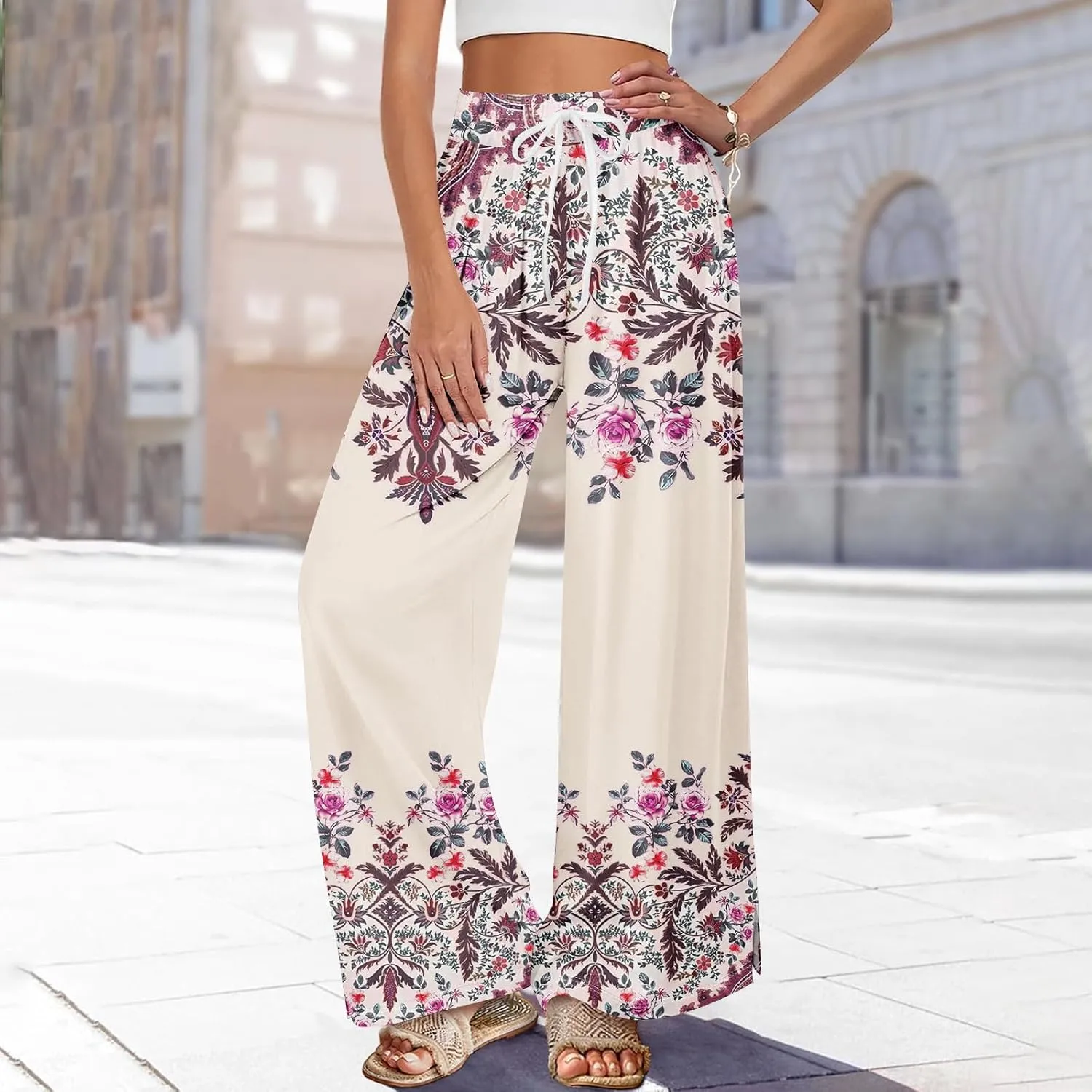GOFULY Wide Leg Pants Woman Summer High Waisted Beach Ethnic FloralPrint Pants Pockets Drawstring Elastic Waist 2025 Clothes