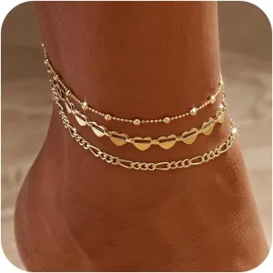 Gold Ankle Bracelets for Women Waterproof,14k Gold Plated Anklet Set Stackable Dainty Anklets Summer Beach Gift