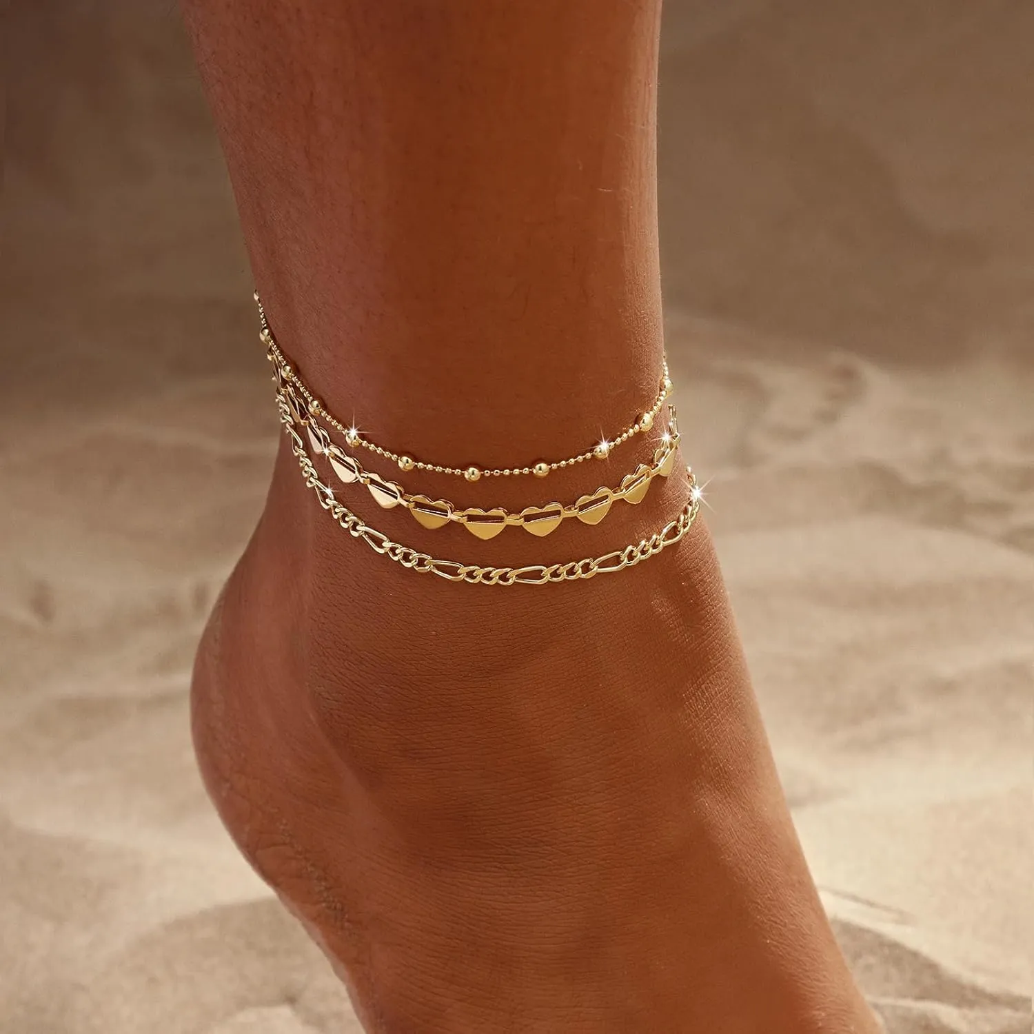 Gold Ankle Bracelets for Women Waterproof,14k Gold Plated Anklet Set Stackable Dainty Anklets Summer Beach Gift