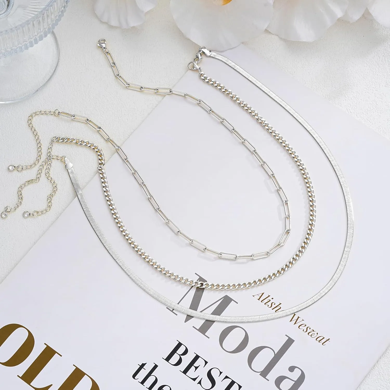 Gold Layered Necklaces for Women, 14K Gold Plated Dainty Gold Chain Choker Necklace Stack, Herringbone Gold Necklaces Set
