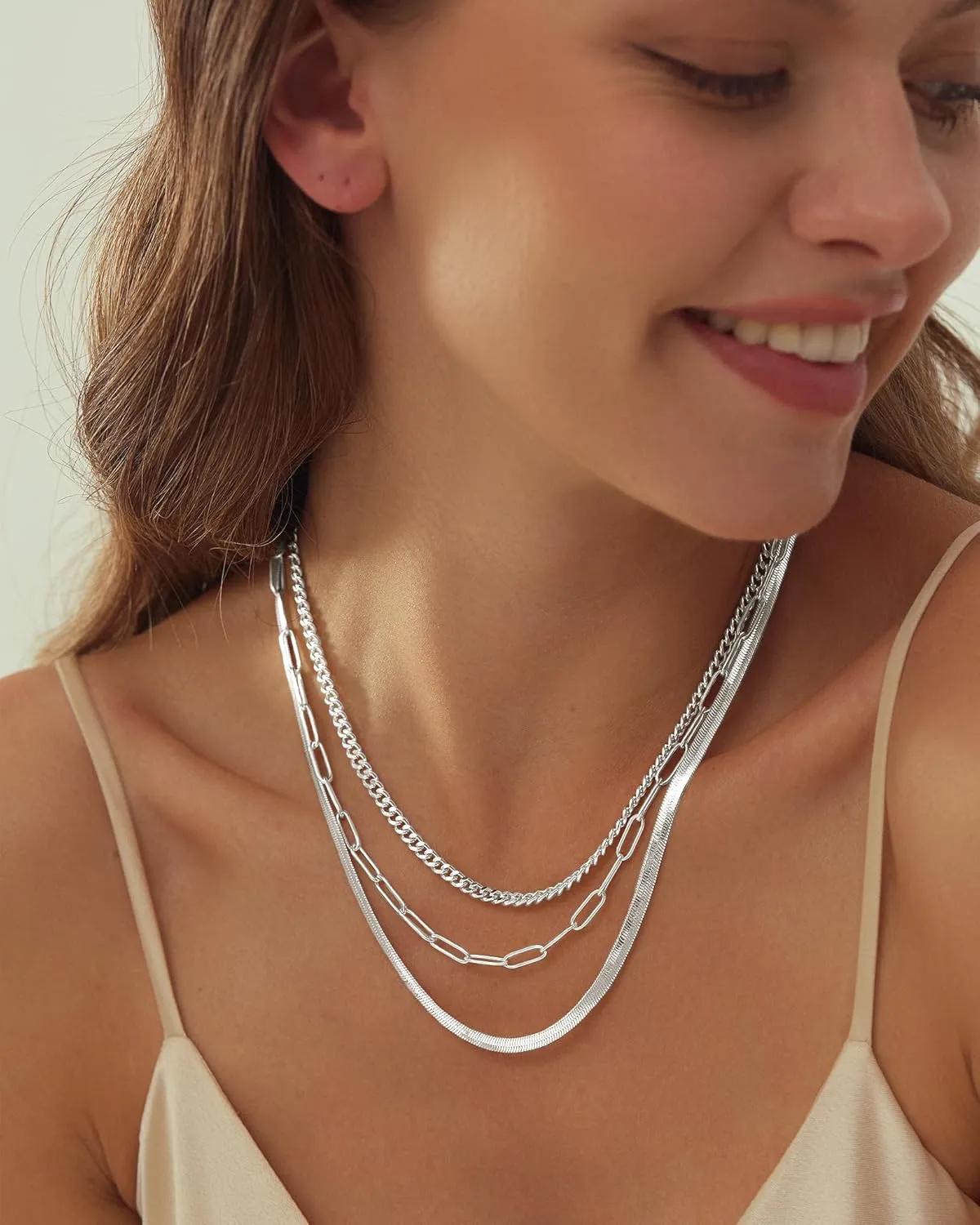 Gold Layered Necklaces for Women, 14K Gold Plated Dainty Gold Chain Choker Necklace Stack, Herringbone Gold Necklaces Set
