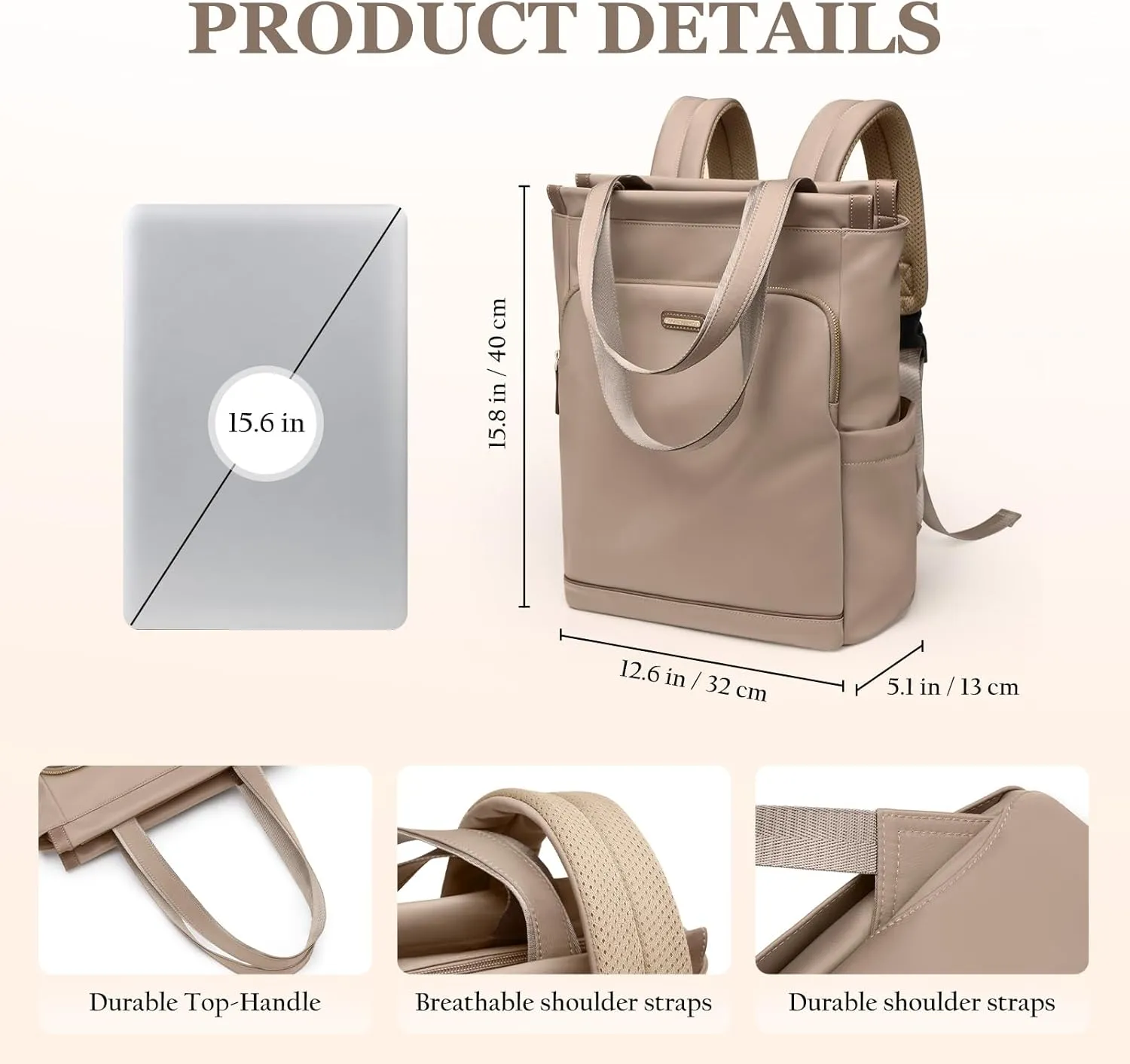 GOLF SUPAGS Convertible Laptop Backpack for Women Casual Daypack Notebook Tote Bag for Work College Travel Leisure (Champagne)