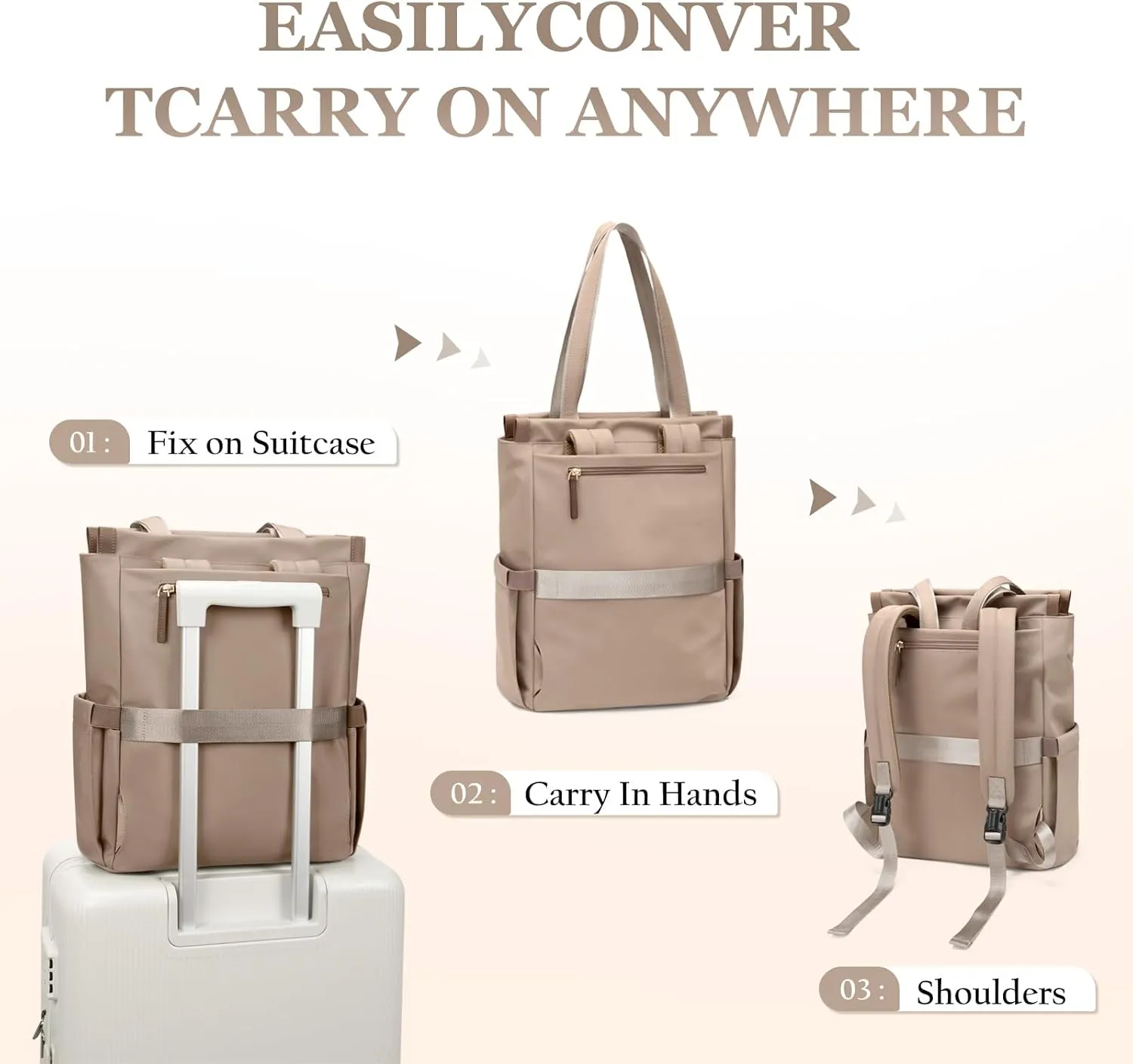 GOLF SUPAGS Convertible Laptop Backpack for Women Casual Daypack Notebook Tote Bag for Work College Travel Leisure (Champagne)