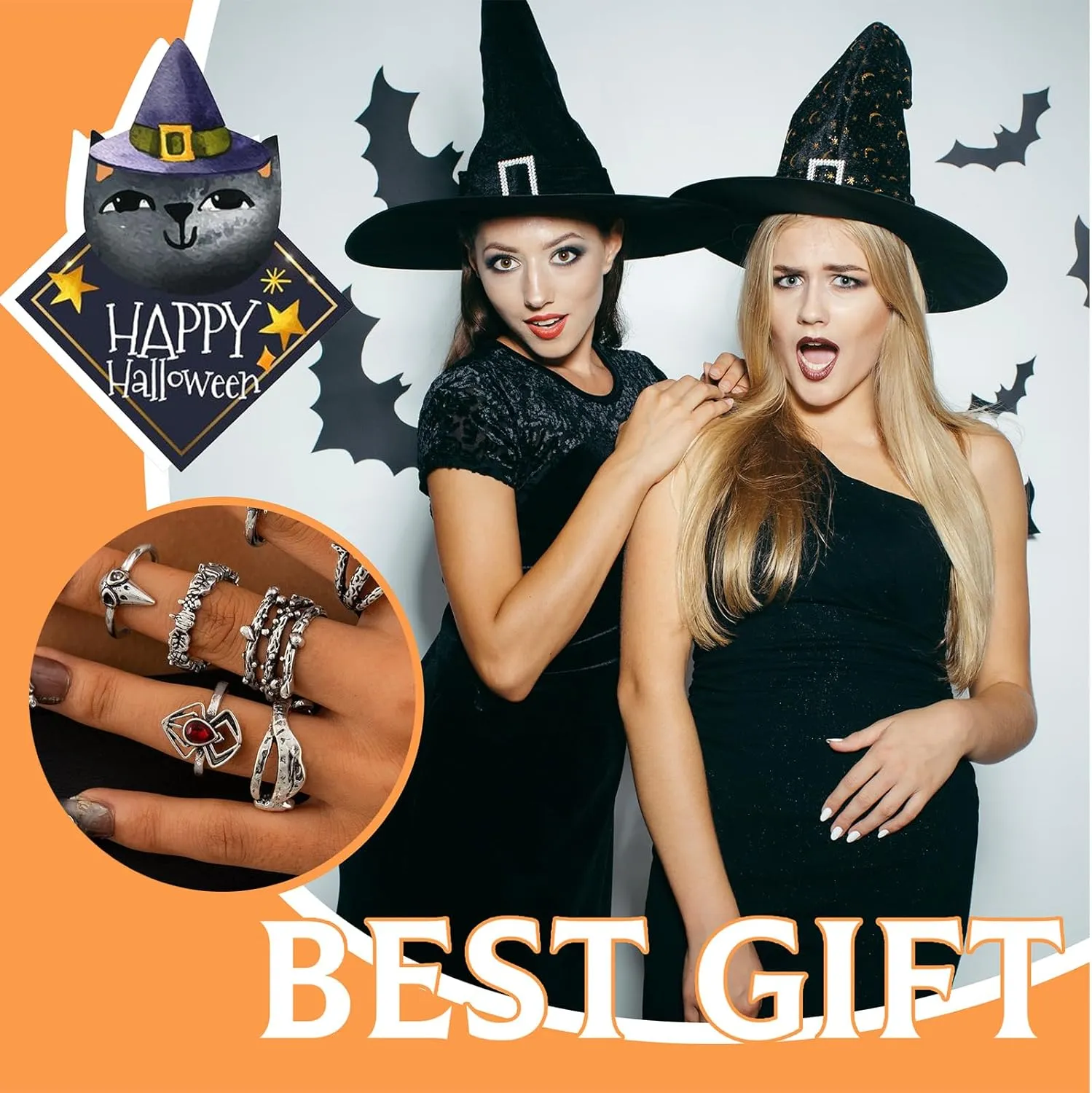 Gothic Stackable Ring Snake Knuckle Rings for Women Halloween Stacking Snake Spider Skull Heart Bat Flower Midi Ring Pack