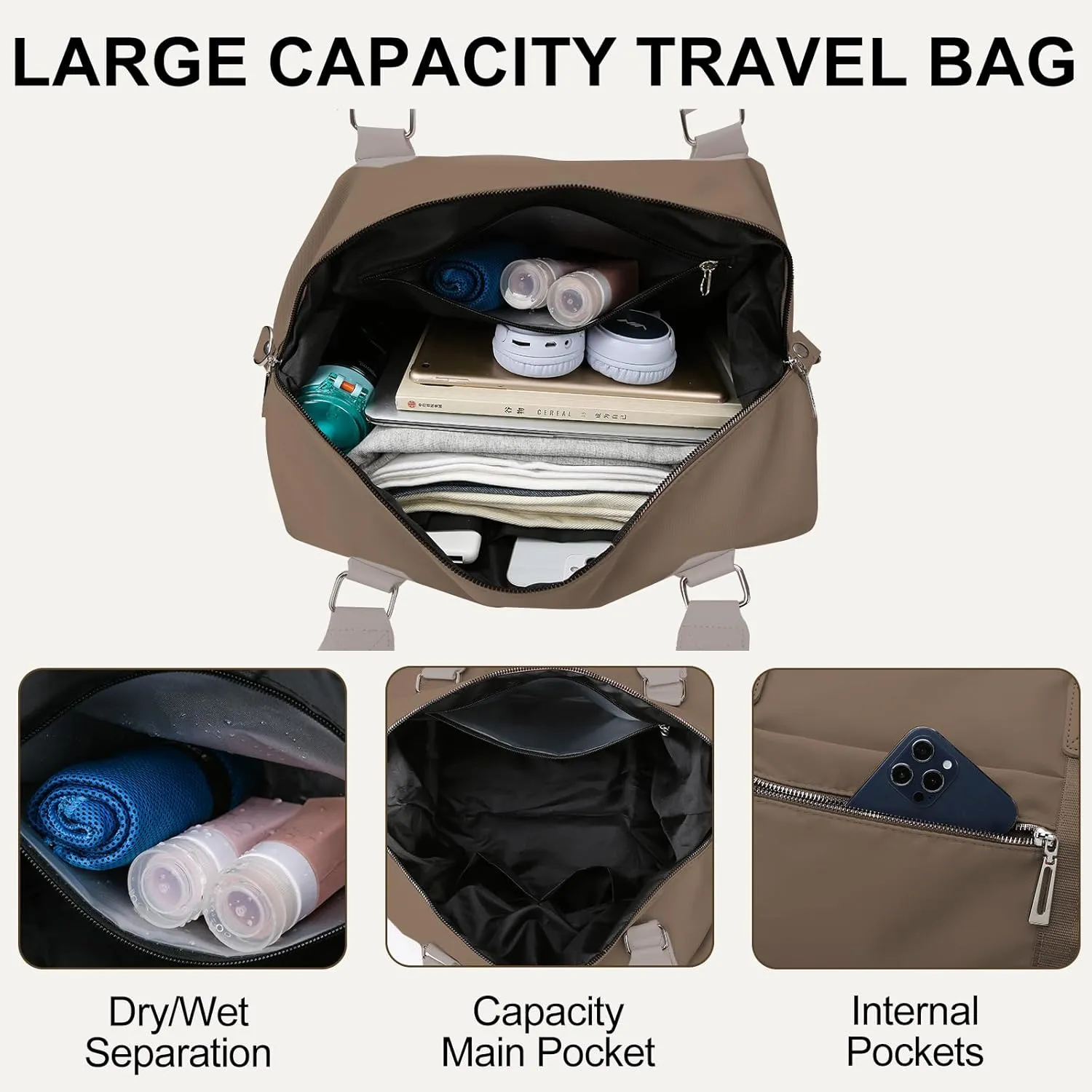 Gym Bag for Women Weekender Carry on Bag Dance Yoga Tote Bag Travel Duffle Personal Item Bag with Wet Pocket Toiletry Makeup Bag for Men Sport Trips Hospital Black Khaki