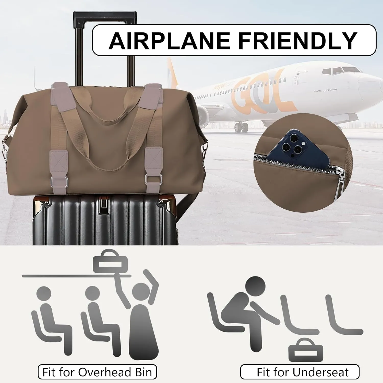 Gym Bag for Women Weekender Carry on Bag Dance Yoga Tote Bag Travel Duffle Personal Item Bag with Wet Pocket Toiletry Makeup Bag for Men Sport Trips Hospital Black Khaki