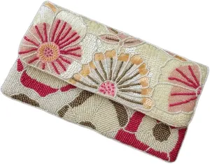 Handmade Beaded clutch bag, floral pink and white, party bag with string, Gift for her