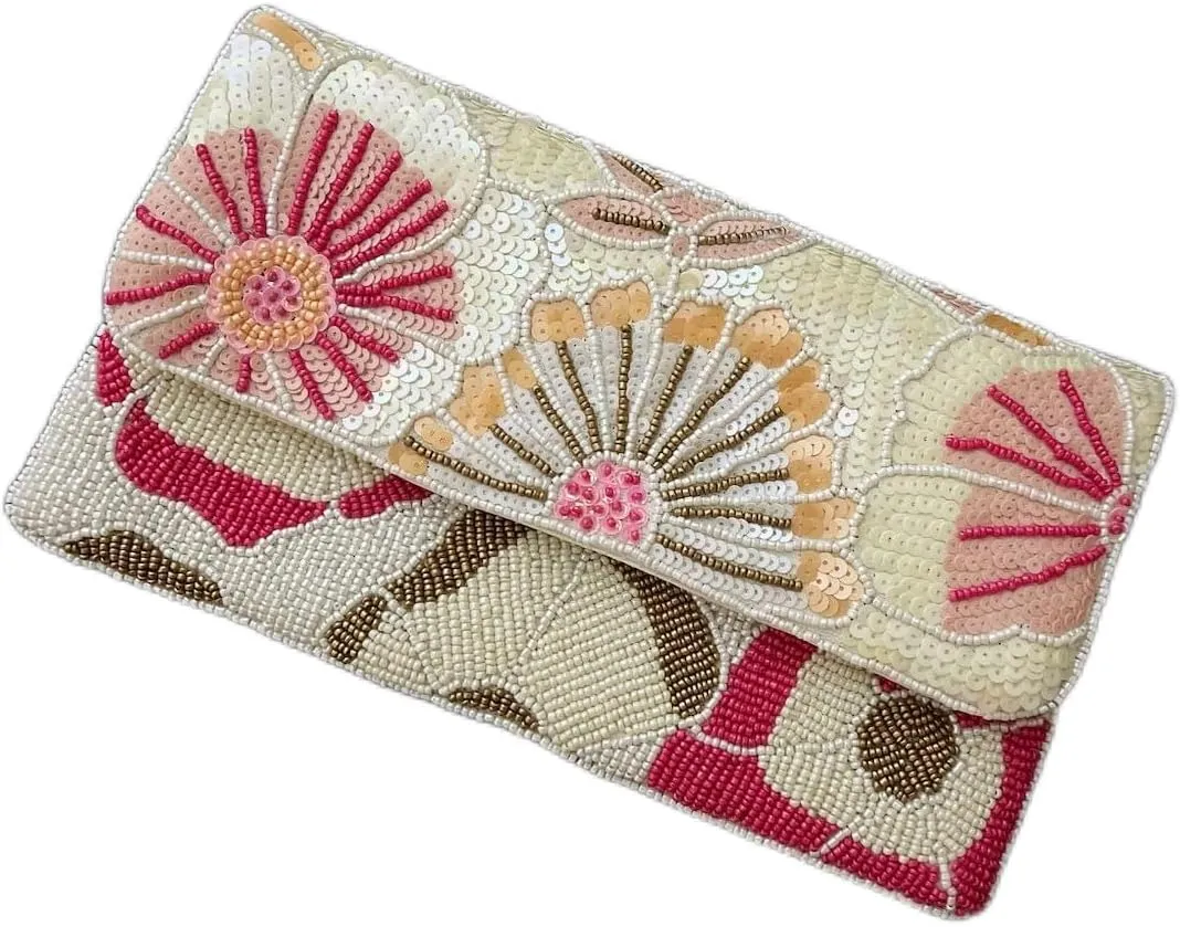 Handmade Beaded clutch bag, floral pink and white, party bag with string, Gift for her