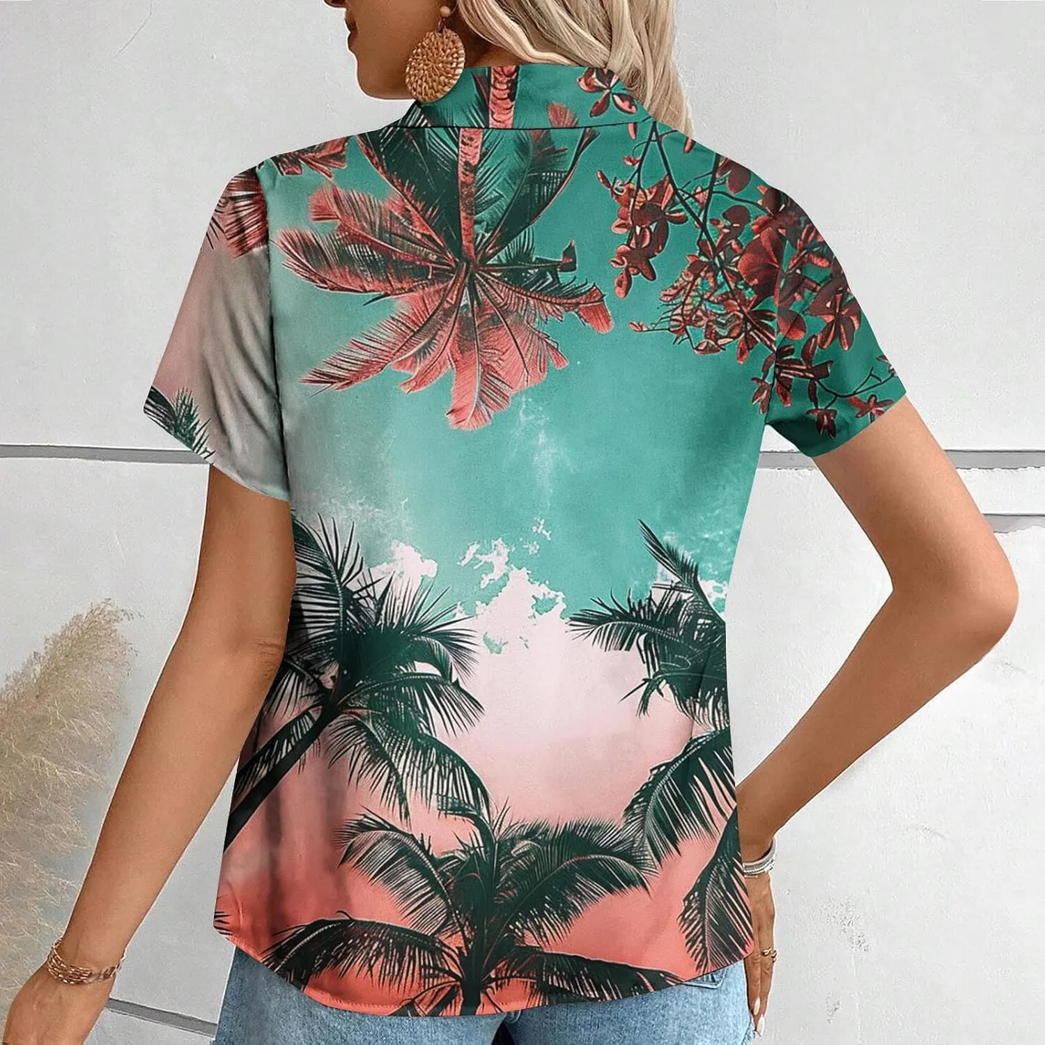 Hawaiian Shirts for Women Beach Vacation Outfits Tropical Print Short Sleeve Blouse Button Collared Tops 2025 Summer