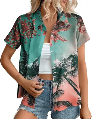 Hawaiian Shirts for Women Beach Vacation Outfits Tropical Print Short Sleeve Blouse Button Collared Tops 2025 Summer