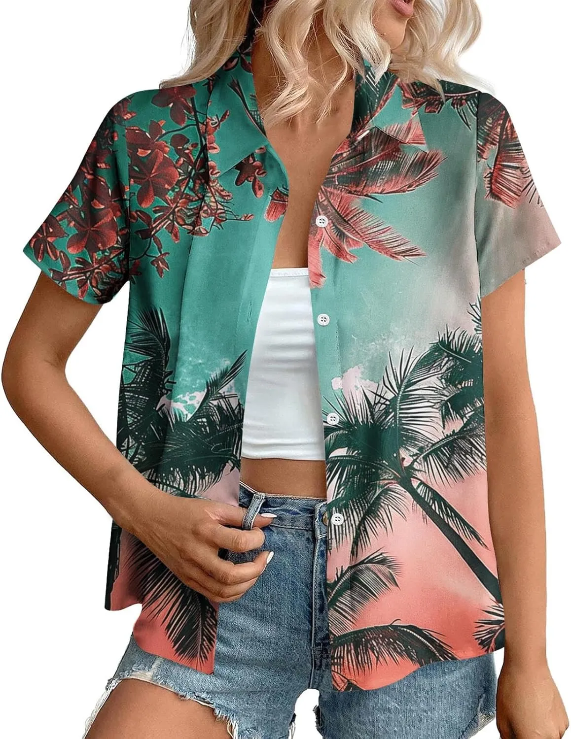 Hawaiian Shirts for Women Beach Vacation Outfits Tropical Print Short Sleeve Blouse Button Collared Tops 2025 Summer