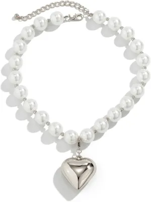 Heart Necklaces for Women Gold Chunky Heart Necklace Pearl Beads Choker Necklaces Y2k Necklace Trendy Jewelry Accessories Gifts