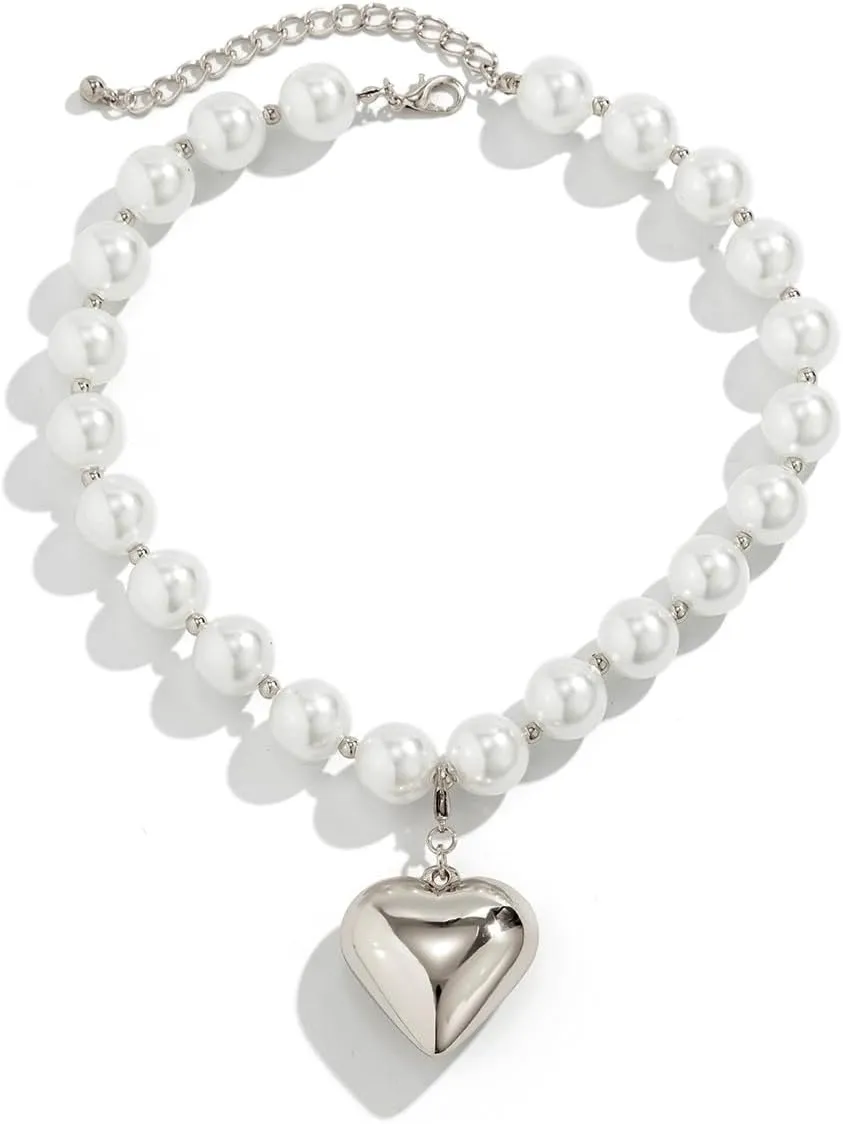 Heart Necklaces for Women Gold Chunky Heart Necklace Pearl Beads Choker Necklaces Y2k Necklace Trendy Jewelry Accessories Gifts
