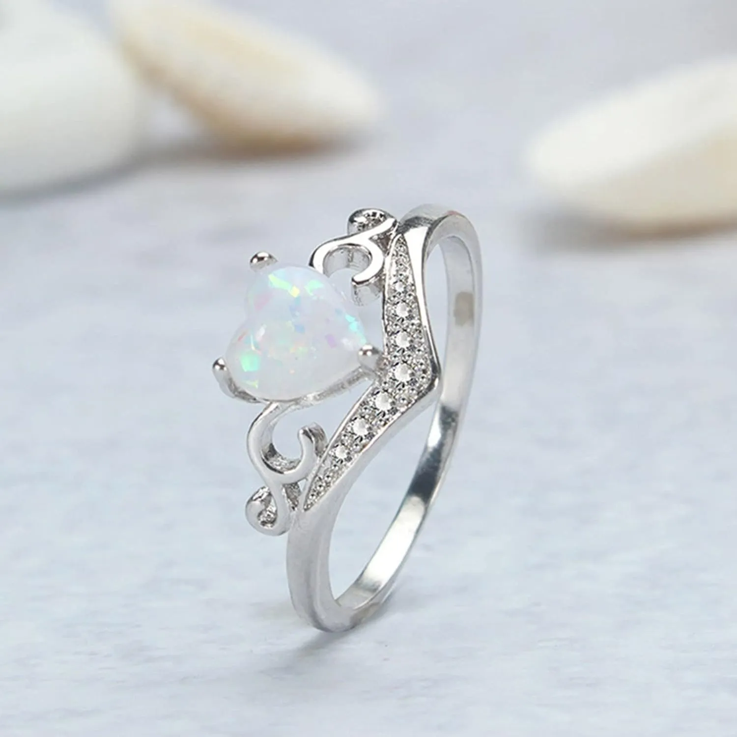Heart Shaped Opal Ring for Women Bride Wedding Band Inlaid Zircon Anniversary Ring (Silver, 11)
