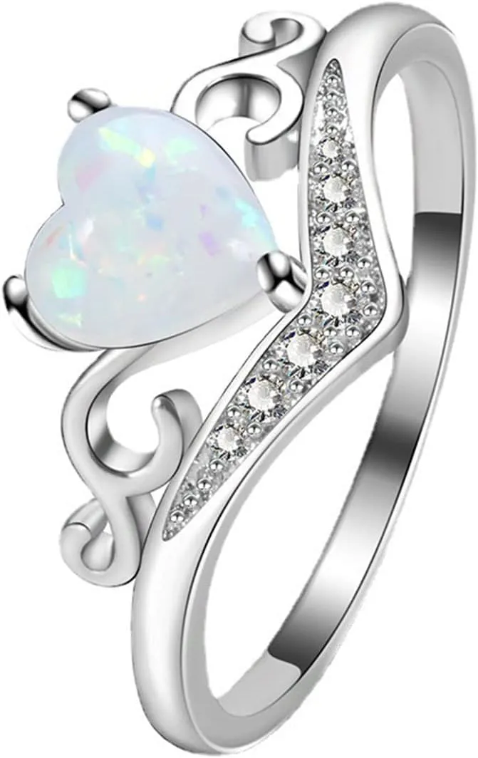 Heart Shaped Opal Ring for Women Bride Wedding Band Inlaid Zircon Anniversary Ring (Silver, 11)