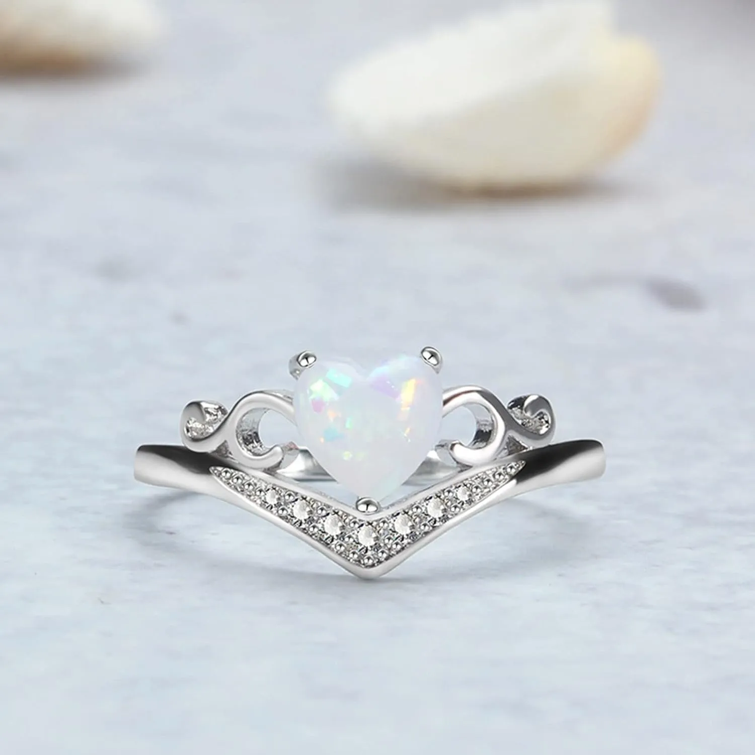 Heart Shaped Opal Ring for Women Bride Wedding Band Inlaid Zircon Anniversary Ring (Silver, 11)