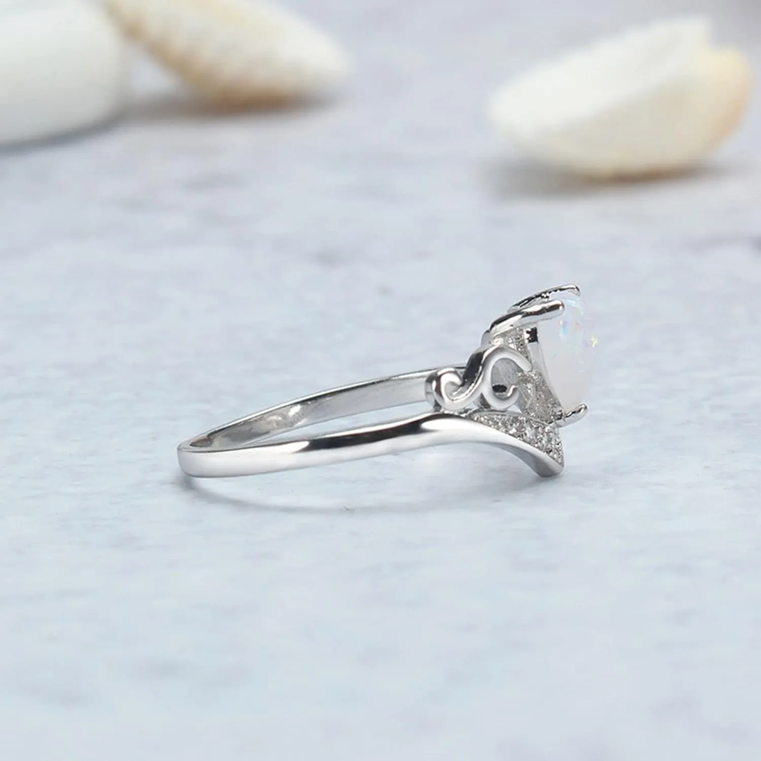 Heart Shaped Opal Ring for Women Bride Wedding Band Inlaid Zircon Anniversary Ring (Silver, 11)