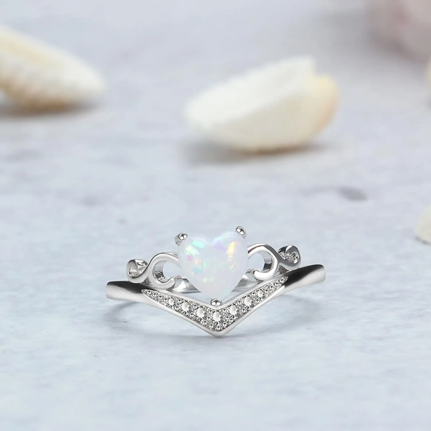 Heart Shaped Opal Ring for Women Bride Wedding Band Inlaid Zircon Anniversary Ring (Silver, 11)