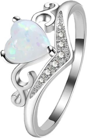 Heart Shaped Opal Ring for Women Bride Wedding Band Inlaid Zircon Anniversary Ring (Silver, 11)