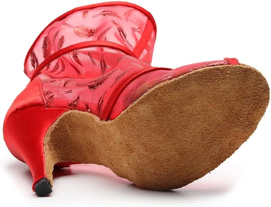 HIPPOSEUS Women's Dance Heels Net Yarn Peep Toe Ballroom Salsa Dance Shoes High HeelDance Performance Ankle Dance Boots