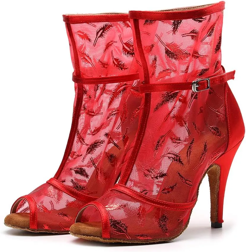 HIPPOSEUS Women's Dance Heels Net Yarn Peep Toe Ballroom Salsa Dance Shoes High HeelDance Performance Ankle Dance Boots