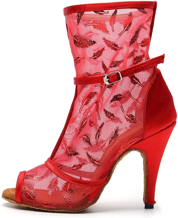 HIPPOSEUS Women's Dance Heels Net Yarn Peep Toe Ballroom Salsa Dance Shoes High HeelDance Performance Ankle Dance Boots