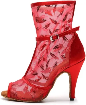 HIPPOSEUS Women's Dance Heels Net Yarn Peep Toe Ballroom Salsa Dance Shoes High HeelDance Performance Ankle Dance Boots
