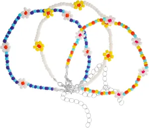 Homoyoyo 3pcs Vacation Rice Bead Ankle Chain Flower Anklet Bracelets Colorful Beaded Bracelets Daisy Bead Bracelet Summer Beaded Jewelry Summer Bracelets Flower Bracelet Beads