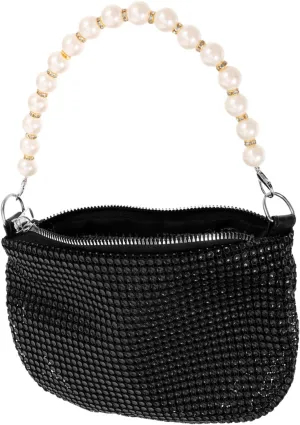 Homoyoyo Pearl Clutch Purse - Elegant Rhinestone Evening Clutch Bag with Stylish Pearl Chain for Prom - Party and Banquet Shiny Black Design for Special Occasions