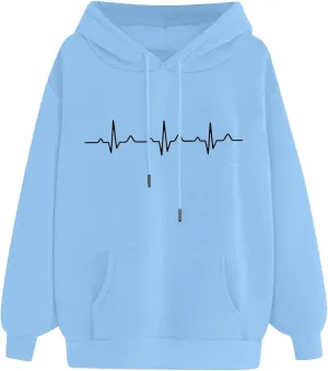 Hooded Sweatshirts for Women Cute Heart Print Hoodies Funny Graphic Long Sleeve Pullover Tops With Pockets