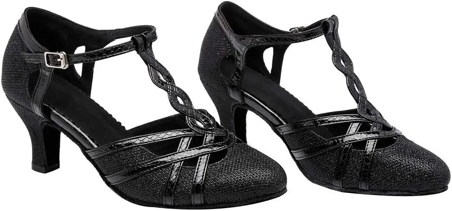 HROYL Women T-Strap Glitter Ballroom Dance Shoes Latin Salsa Tango Performence Dancing Pumps,YCL322
